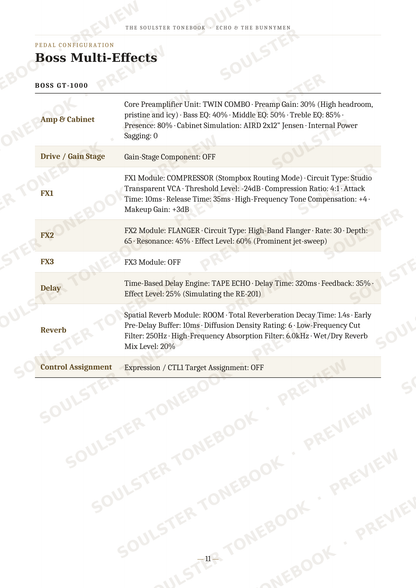 A printed specification sheet for Boss Multi-Effects effects pedals, detailing the BOSS GT-1000 model. The page features a white background with black text and light beige rows highlighting different components such as Amp & Cabinet, Drive & Gain Stage, FX1, FX2, FX3, Delay, Reverb, and Control Assignment.