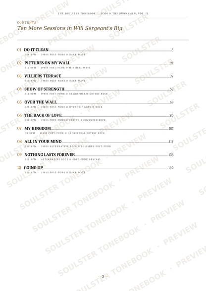 A printed table of contents page from Soulster's 'Ten More Sessions in Will Sergeant's Rig' book, showing chapter titles, page numbers, and a page number of 72 at the bottom.