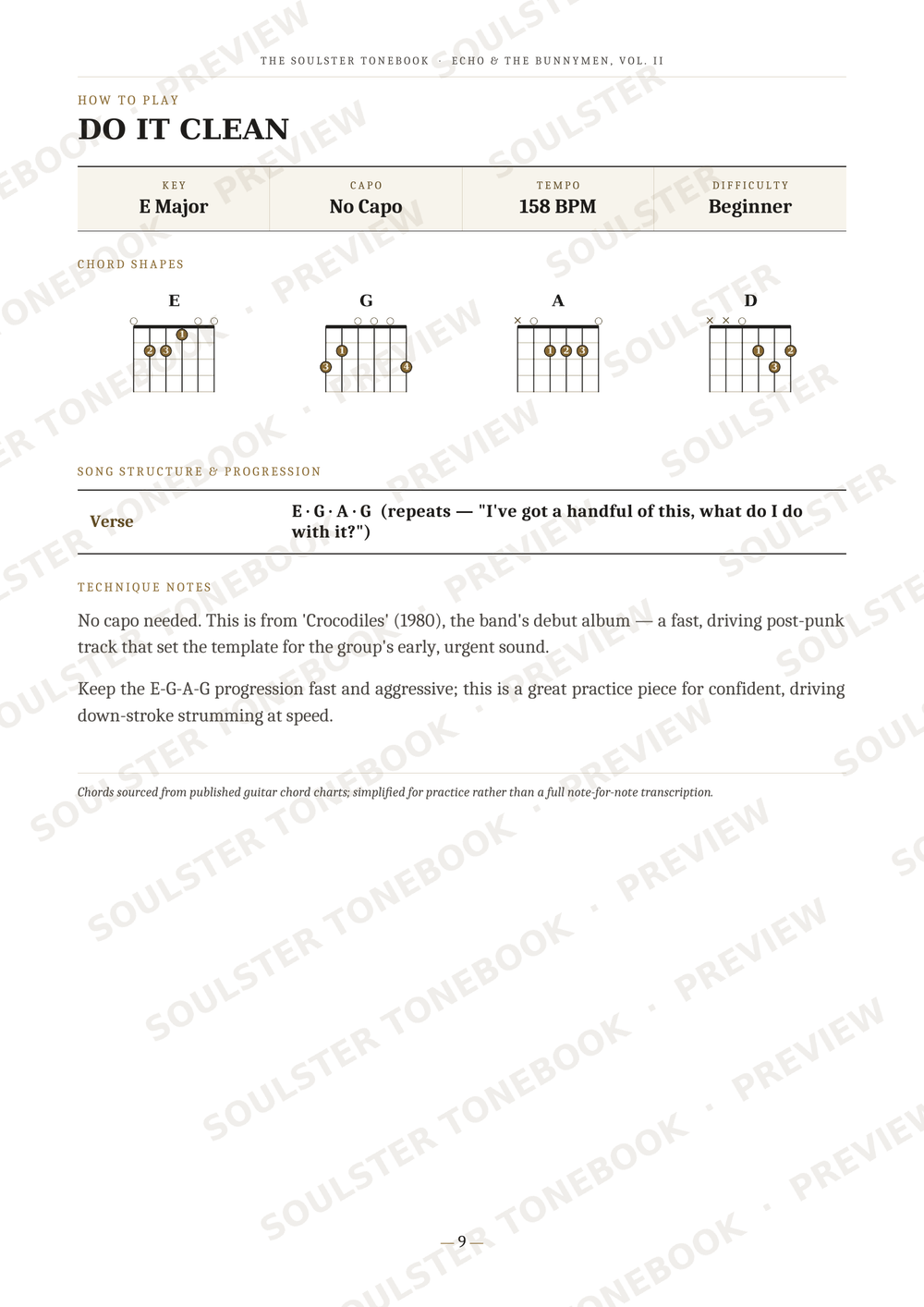 A printed guitar lesson page titled 'DO IT CLEAN' with chord diagrams for E, G, A, and D chords, plus verse lyrics and technical notes. The page has repeated diagonal 'SOULSTER TONEBOOK' watermarks and a faint preview overlay.