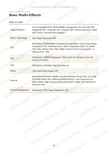A page of technical specifications and configuration notes for a Boss GT-1000 multi-effects guitar pedal, detailing settings like amp cabinet, drive/gain stage, FX1, FX2, delay, and reverb assignments.
