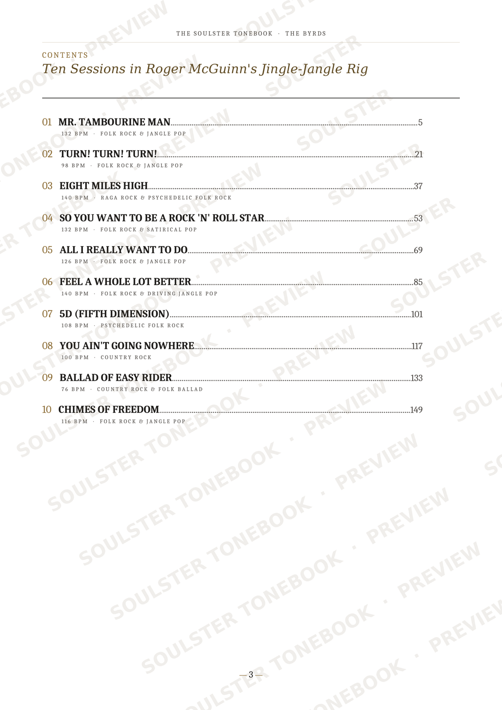 A printed table of contents page from a Roger McGuinn songbook, titled 'Ten Sessions in Roger McGuinn's Jingle-Jangle Rig,' with song titles, page numbers, and lyrics listed in black text on a white page with diagonal watermark text across the image.