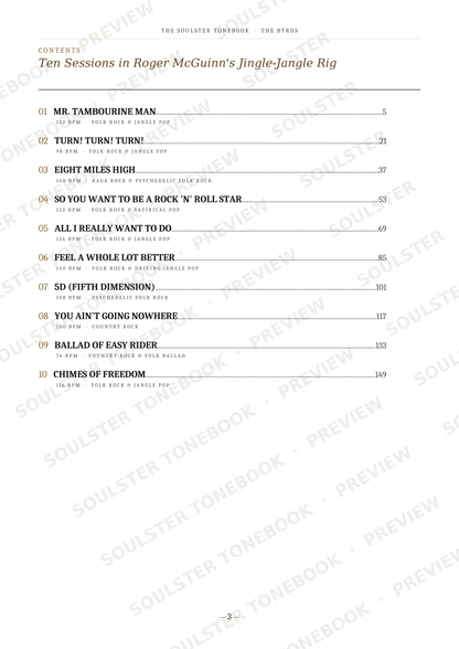A printed table of contents page from a Roger McGuinn songbook, titled 'Ten Sessions in Roger McGuinn's Jingle-Jangle Rig,' with song titles, page numbers, and lyrics listed in black text on a white page with diagonal watermark text across the image.