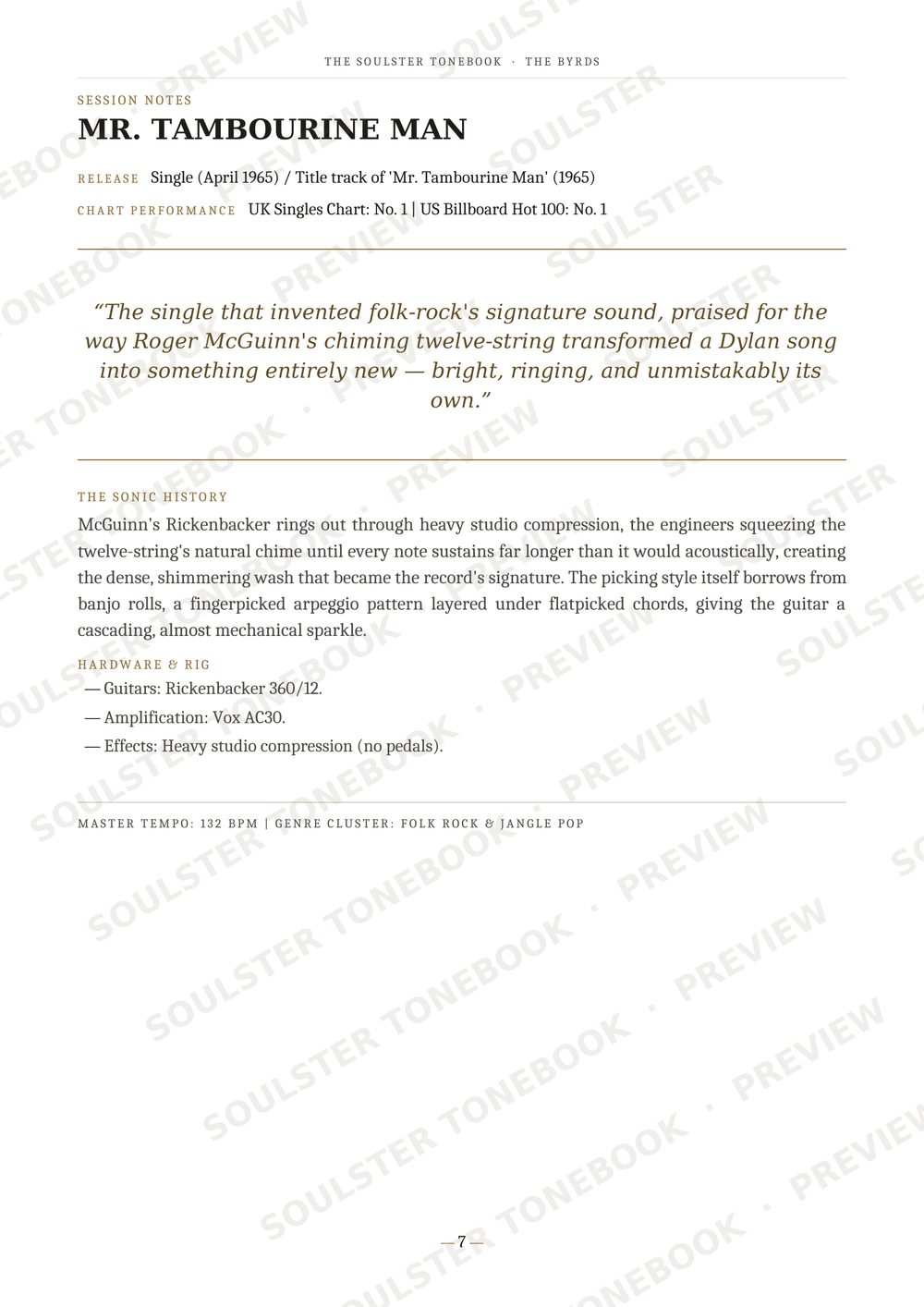A printed page from a music book or article titled "MR. TAMBOURINE MAN," with biographical text about Roger McGuinn and the band Mr.