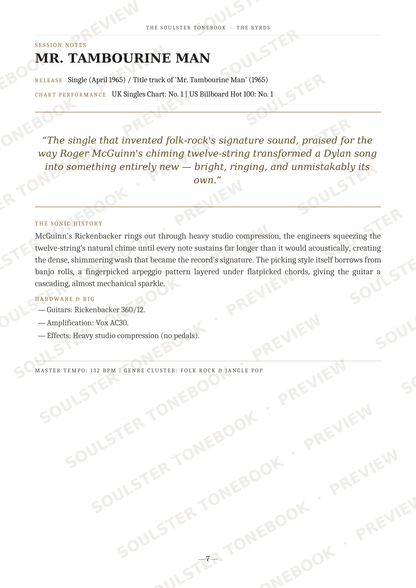 A printed page from a music book or article titled "MR. TAMBOURINE MAN," with biographical text about Roger McGuinn and the band Mr.