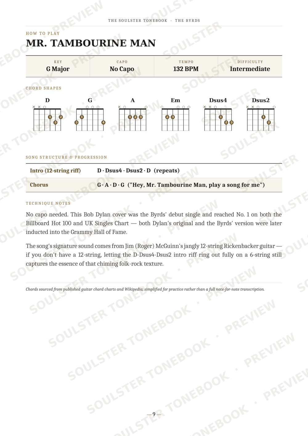 A guitar lesson page titled 'MR. TAMBOURINE MAN' from Soulster's Guitar Technique series.