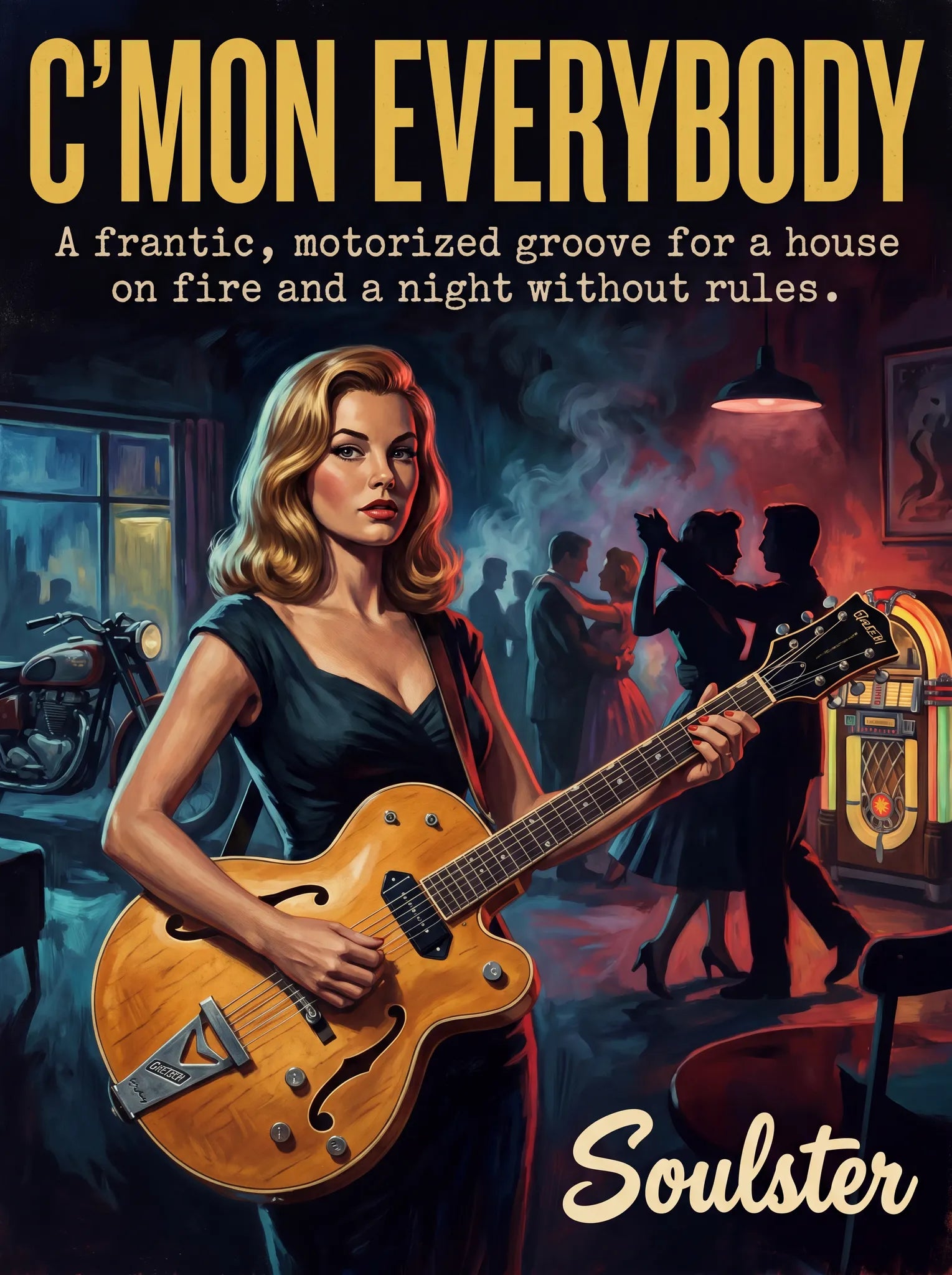 Soulster cinematic vintage pulp book cover art print illustration styled in a classic 1950s theme inspired by C'mon Everybody.