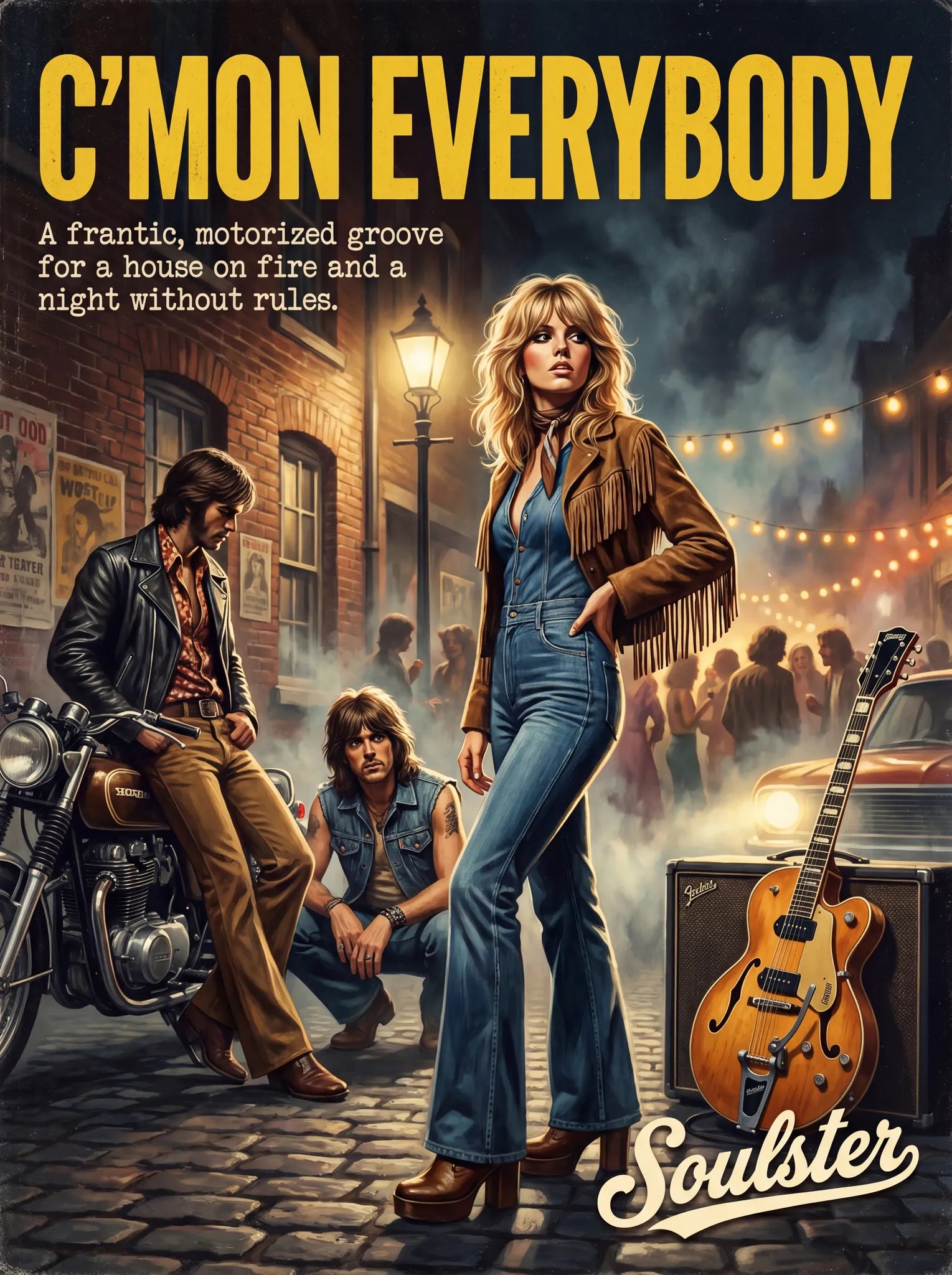 Soulster cinematic vintage pulp book cover art print illustration styled in a classic 1970s theme inspired by C'mon Everybody.