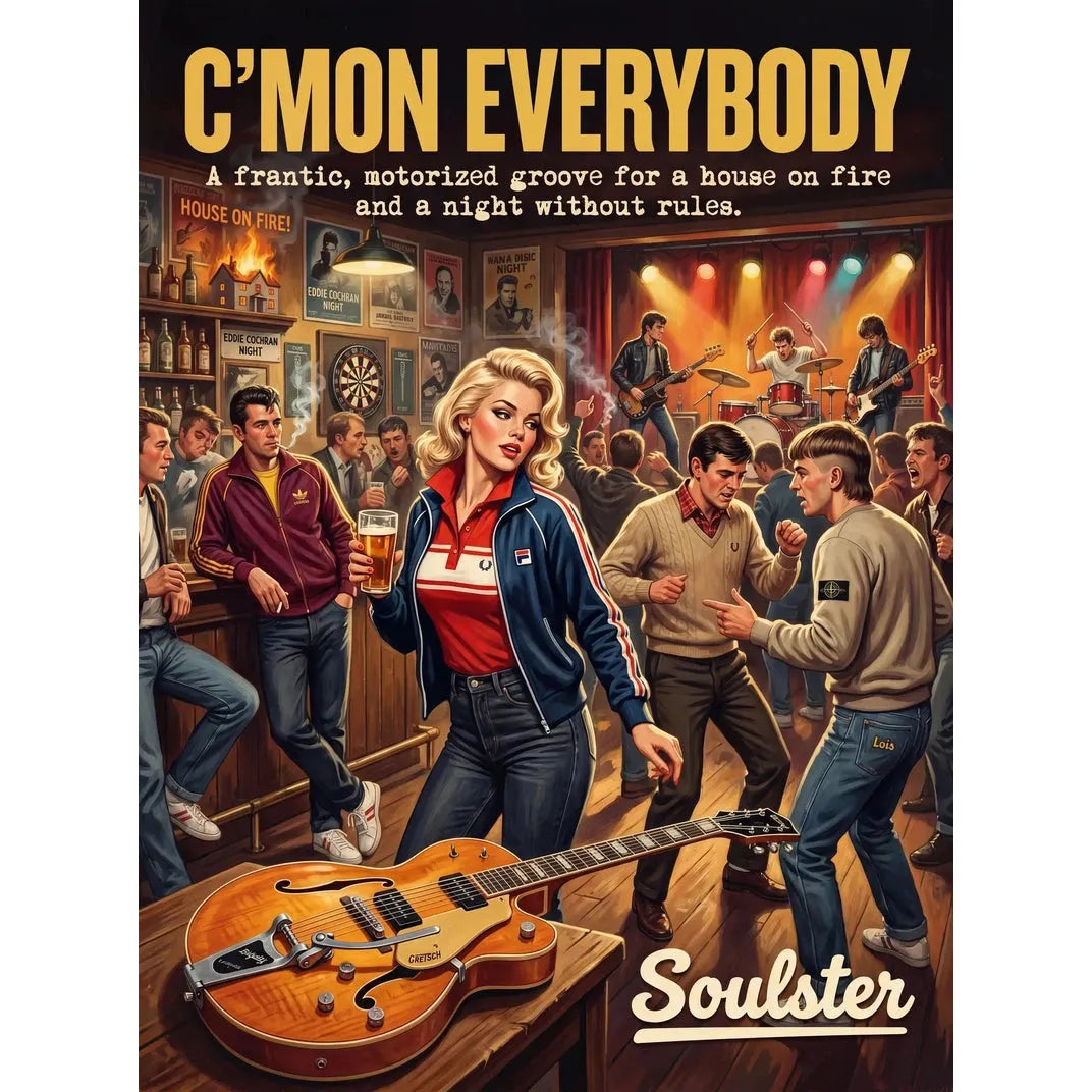 Soulster retro pulp thriller book cover style art print illustration inspired by Alternative Indie - C'Mon Everybody.