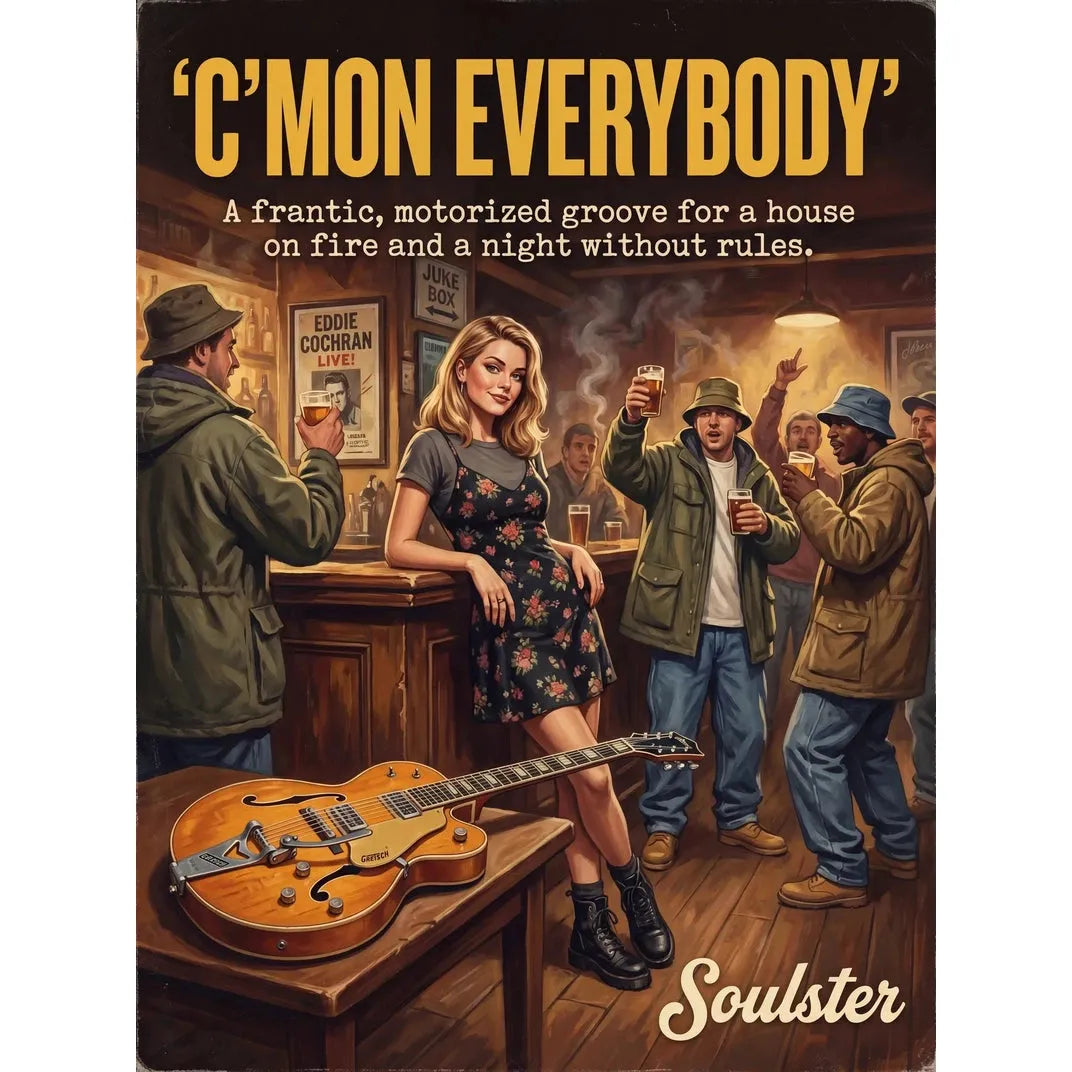 Soulster cinematic vintage pulp book cover art print illustration styled in a classic 1990s theme inspired by C'mon Everybody.