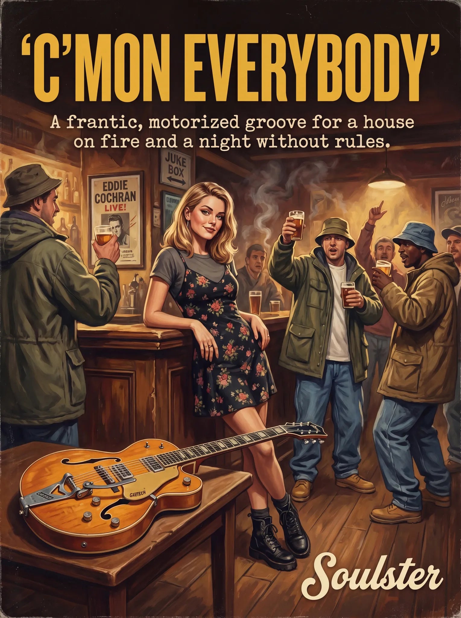 Soulster cinematic vintage pulp book cover art print illustration styled in a classic 1990s theme inspired by C'mon Everybody.