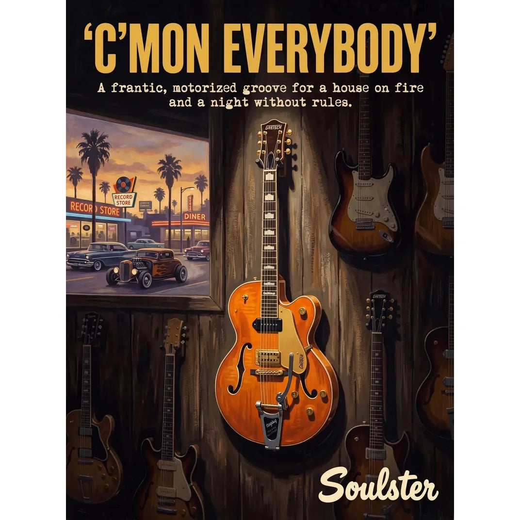 Soulster Manchester Edition wall art print showing a cinematic pulp style design of a Vintage Guitar inspired by C'mon Everybody - Los Angeles.