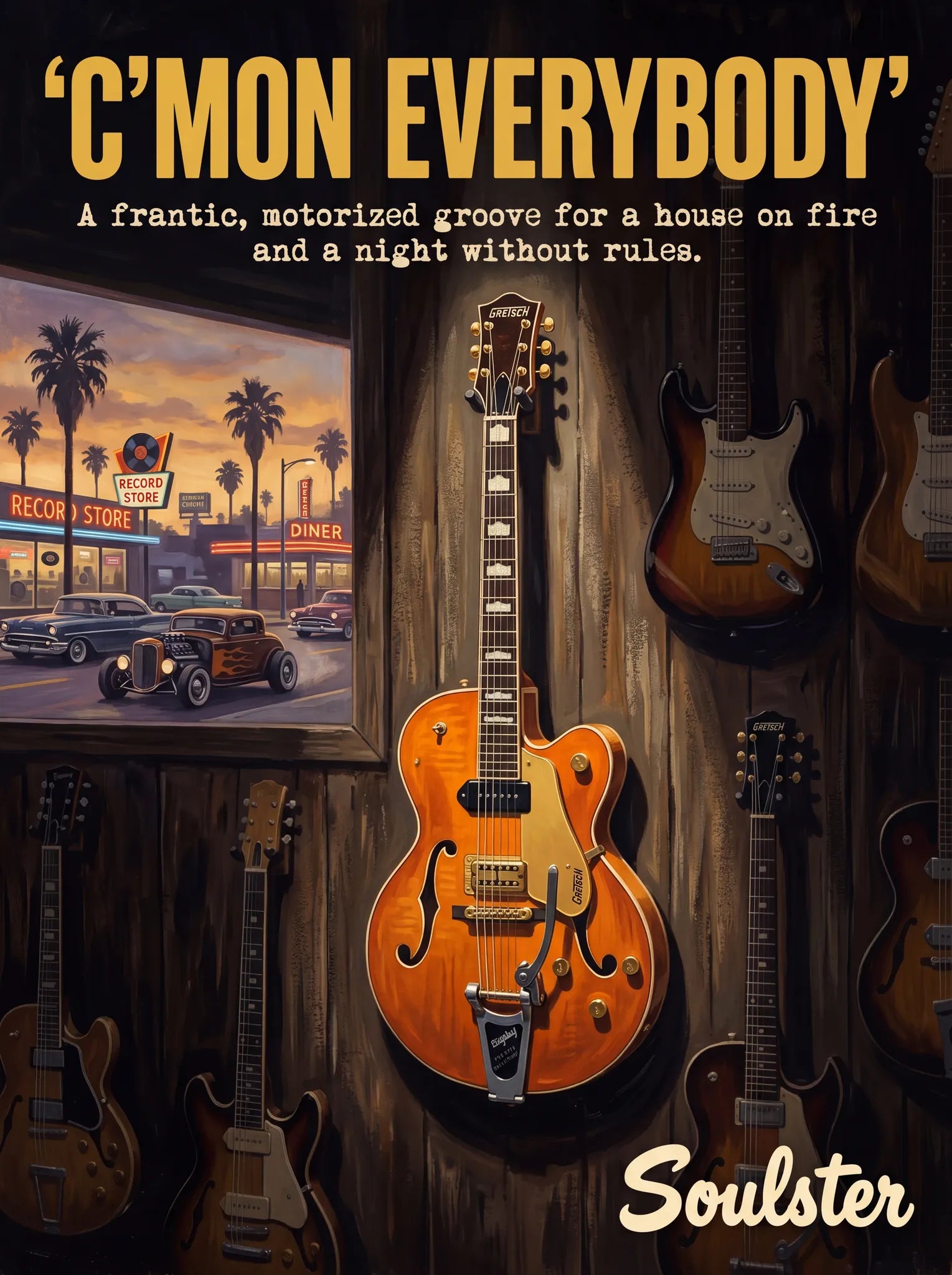 Soulster Manchester Edition wall art print showing a cinematic pulp style design of a Vintage Guitar inspired by C'mon Everybody - Los Angeles.