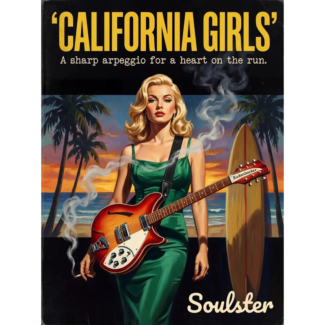 Soulster cinematic vintage pulp book cover art print illustration styled in a classic 1950s design layout inspired by California Girls.