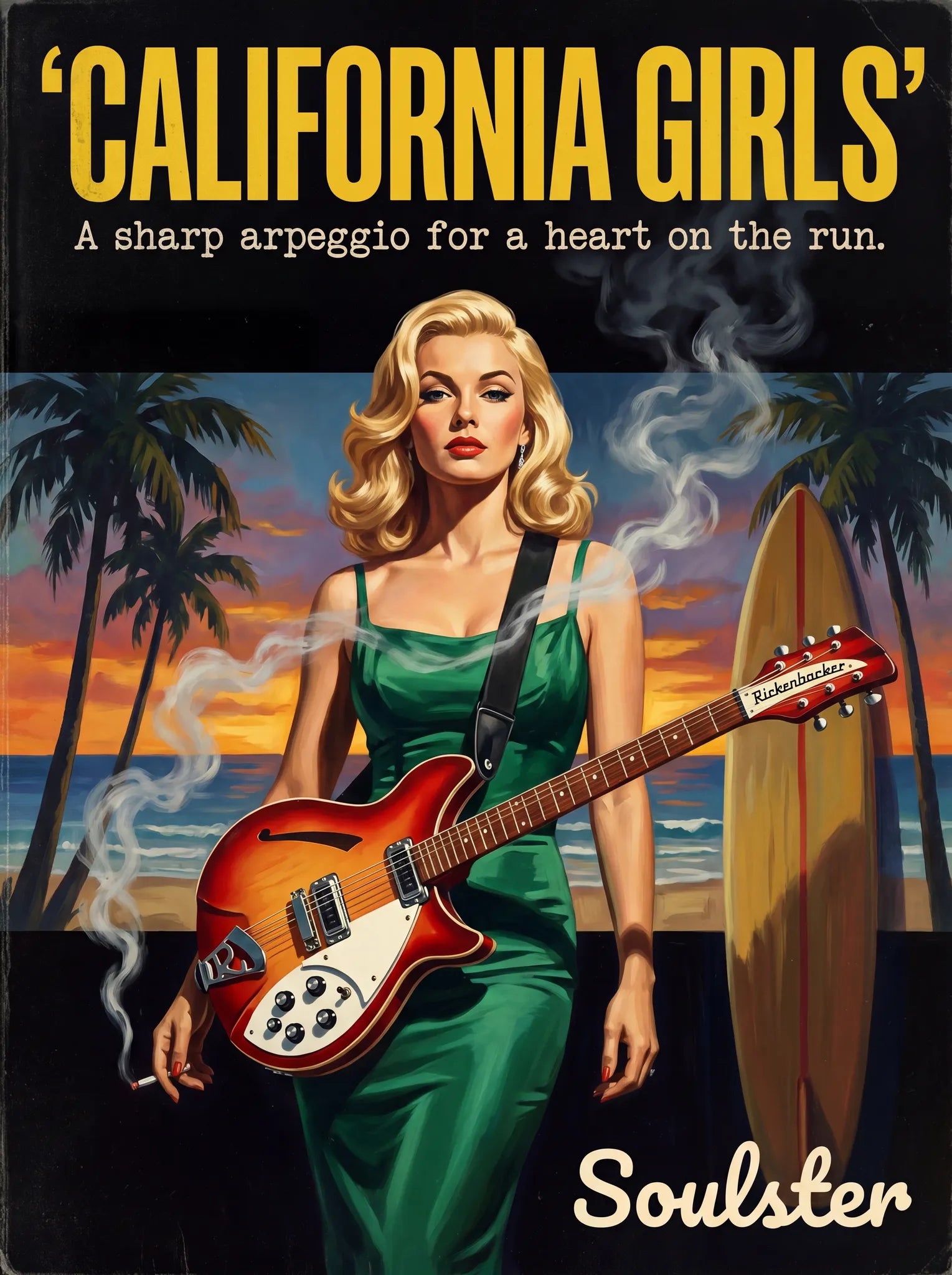 Soulster cinematic vintage pulp book cover art print illustration styled in a classic 1950s design layout inspired by California Girls.