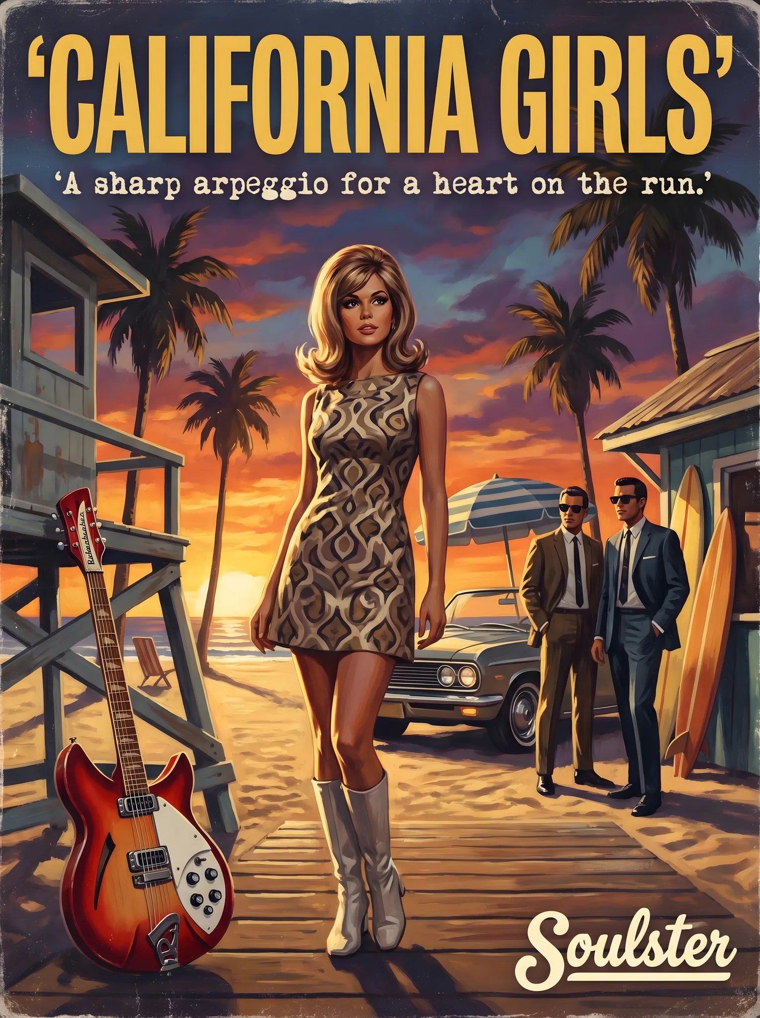 Soulster cinematic vintage pulp book cover art print illustration styled in a classic 1960s design layout inspired by California Girls.
