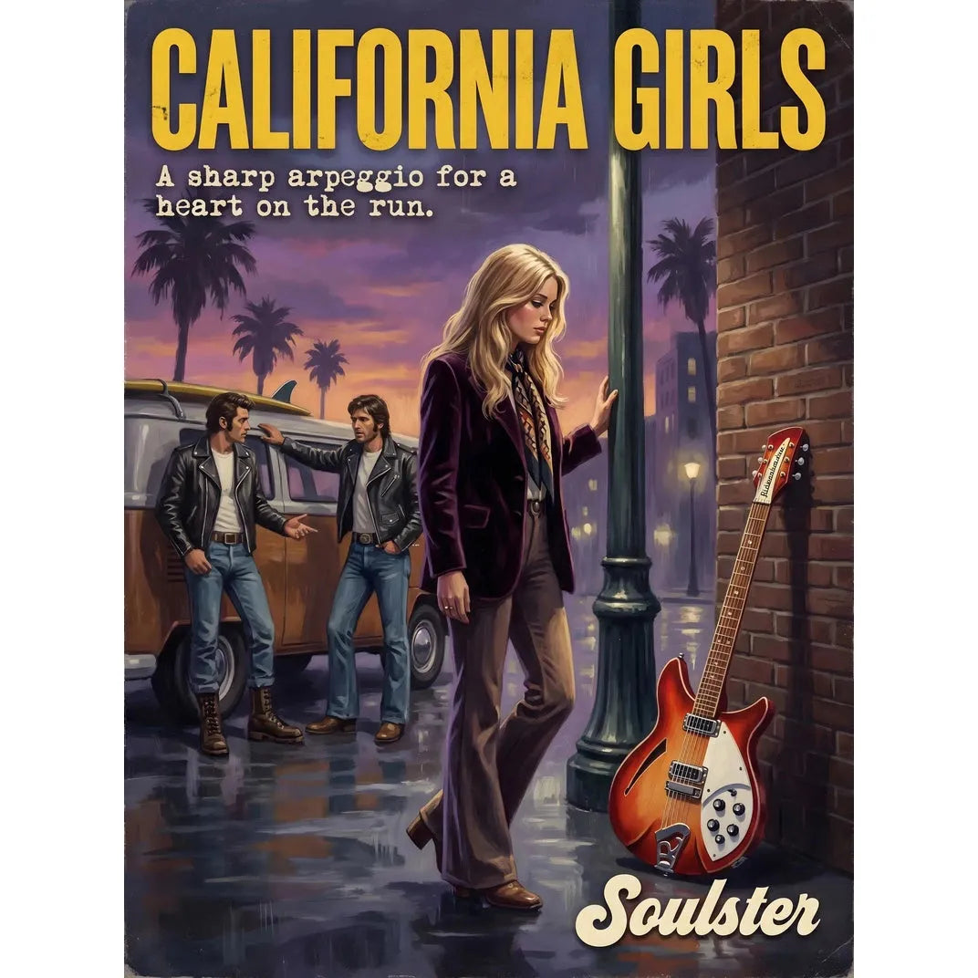 Soulster cinematic vintage pulp book cover art print illustration styled in a classic 1970s design layout inspired by California Girls.