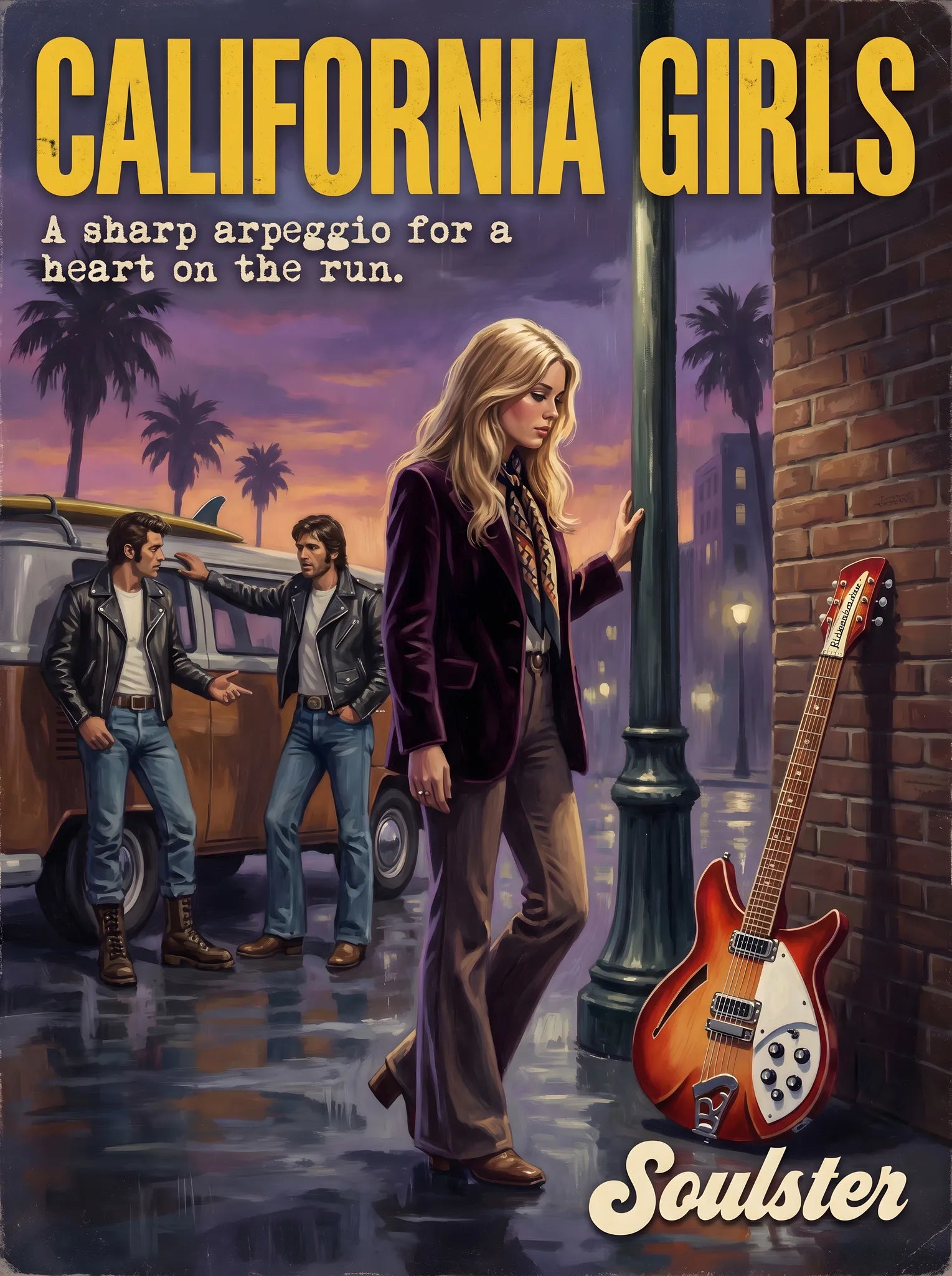 Soulster cinematic vintage pulp book cover art print illustration styled in a classic 1970s design layout inspired by California Girls.
