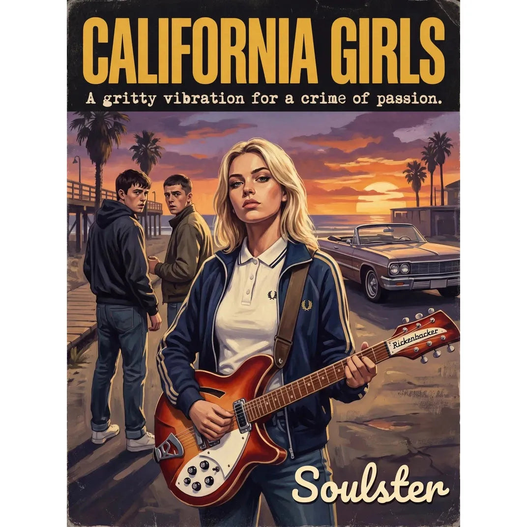 Soulster retro pulp thriller book cover style art print illustration inspired by Alternative Indie - California Girls.