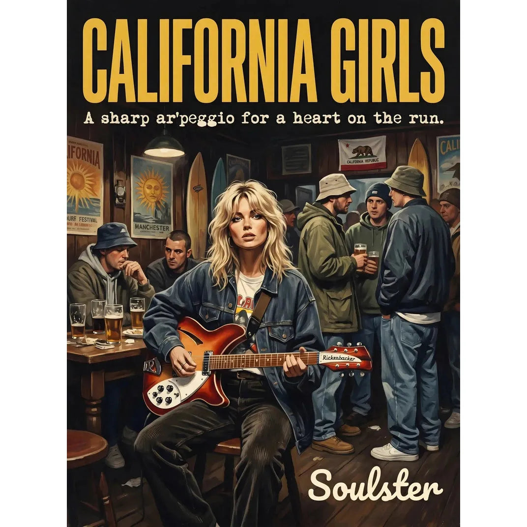 Soulster cinematic vintage pulp book cover art print illustration styled in a classic 1990s design layout inspired by California Girls.