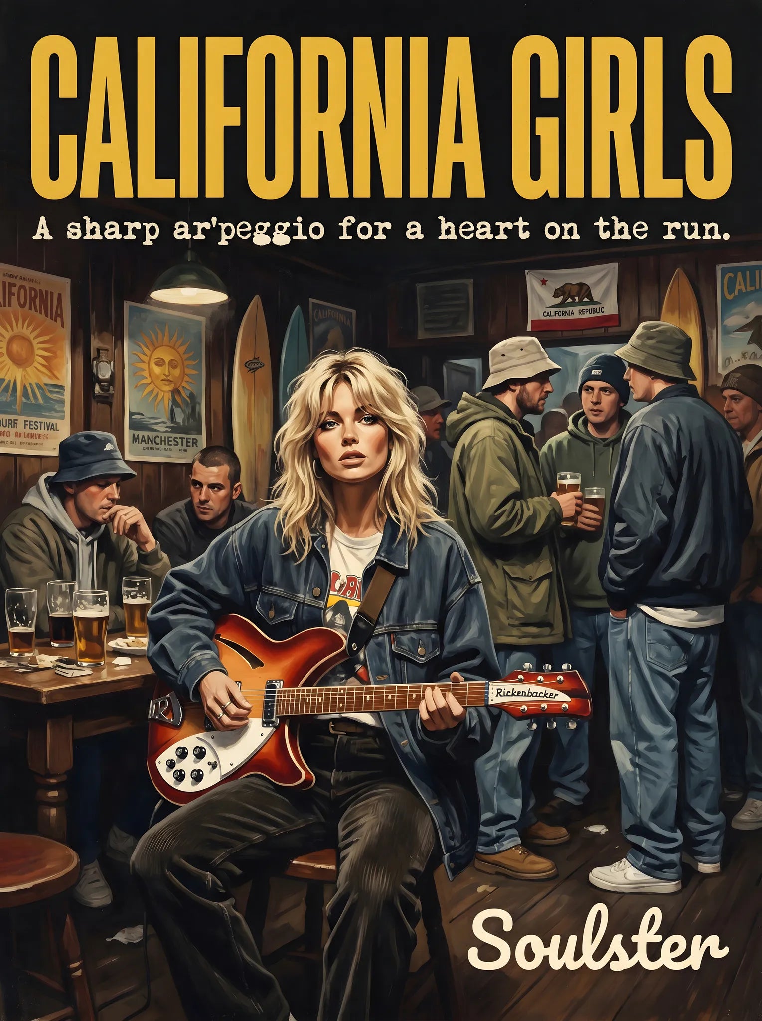 Soulster cinematic vintage pulp book cover art print illustration styled in a classic 1990s design layout inspired by California Girls.