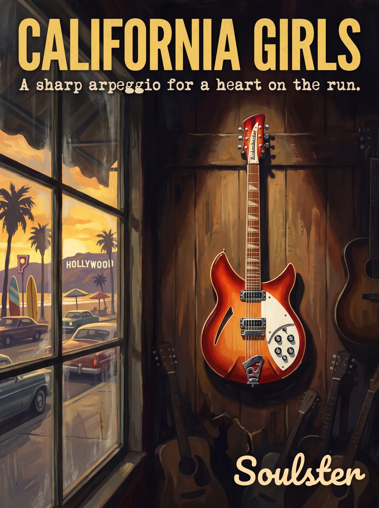 Soulster Manchester Edition wall art print showing a cinematic pulp style design of a Rickenbacker 330 inspired by California Girls - Los Angeles.