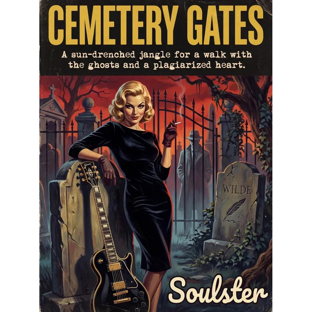 Soulster cinematic vintage pulp book cover art print illustration styled in a classic 1950s design layout inspired by Cemetery Gates.