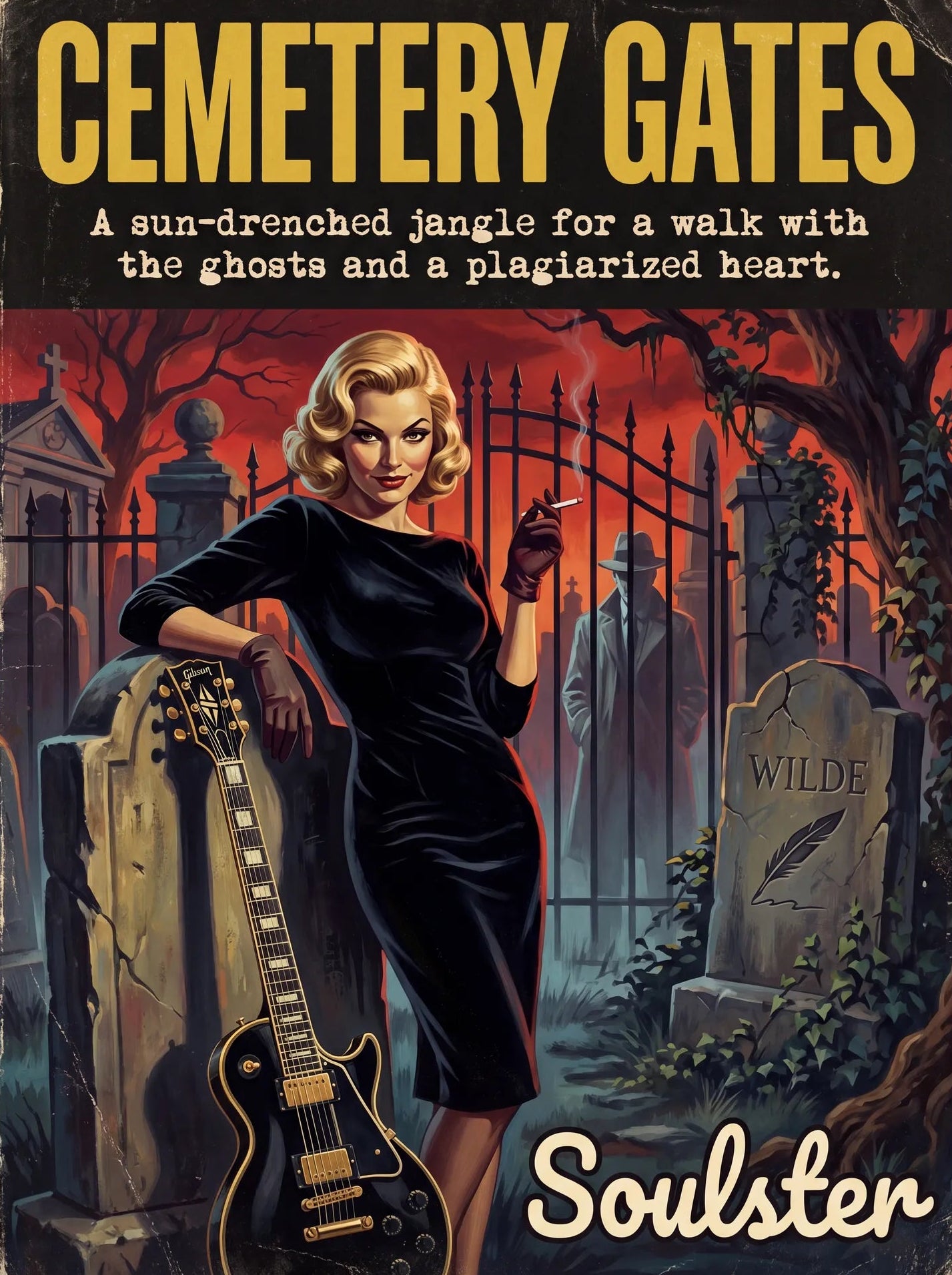 Soulster cinematic vintage pulp book cover art print illustration styled in a classic 1950s design layout inspired by Cemetery Gates.