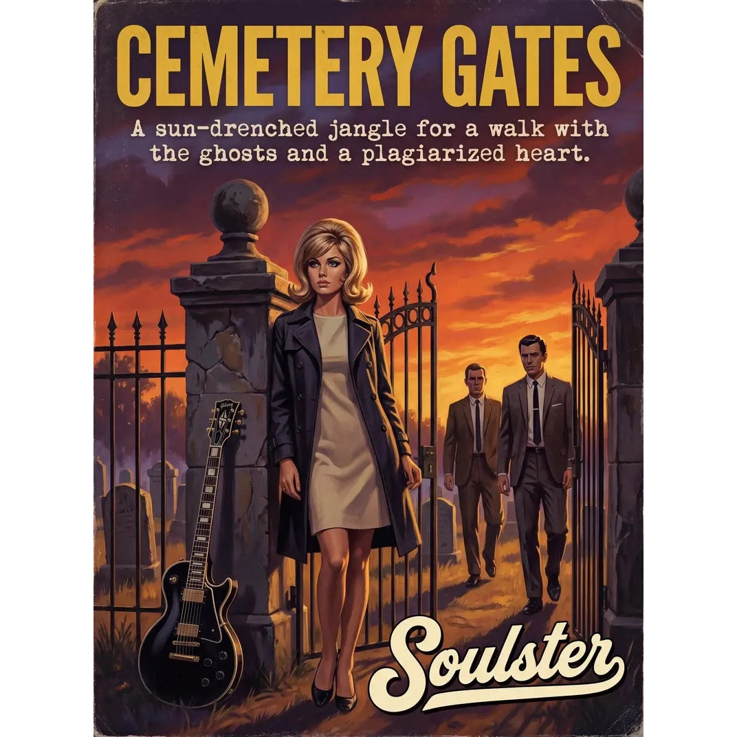 Soulster cinematic vintage pulp book cover art print illustration styled in a classic 1960s design layout inspired by Cemetery Gates.
