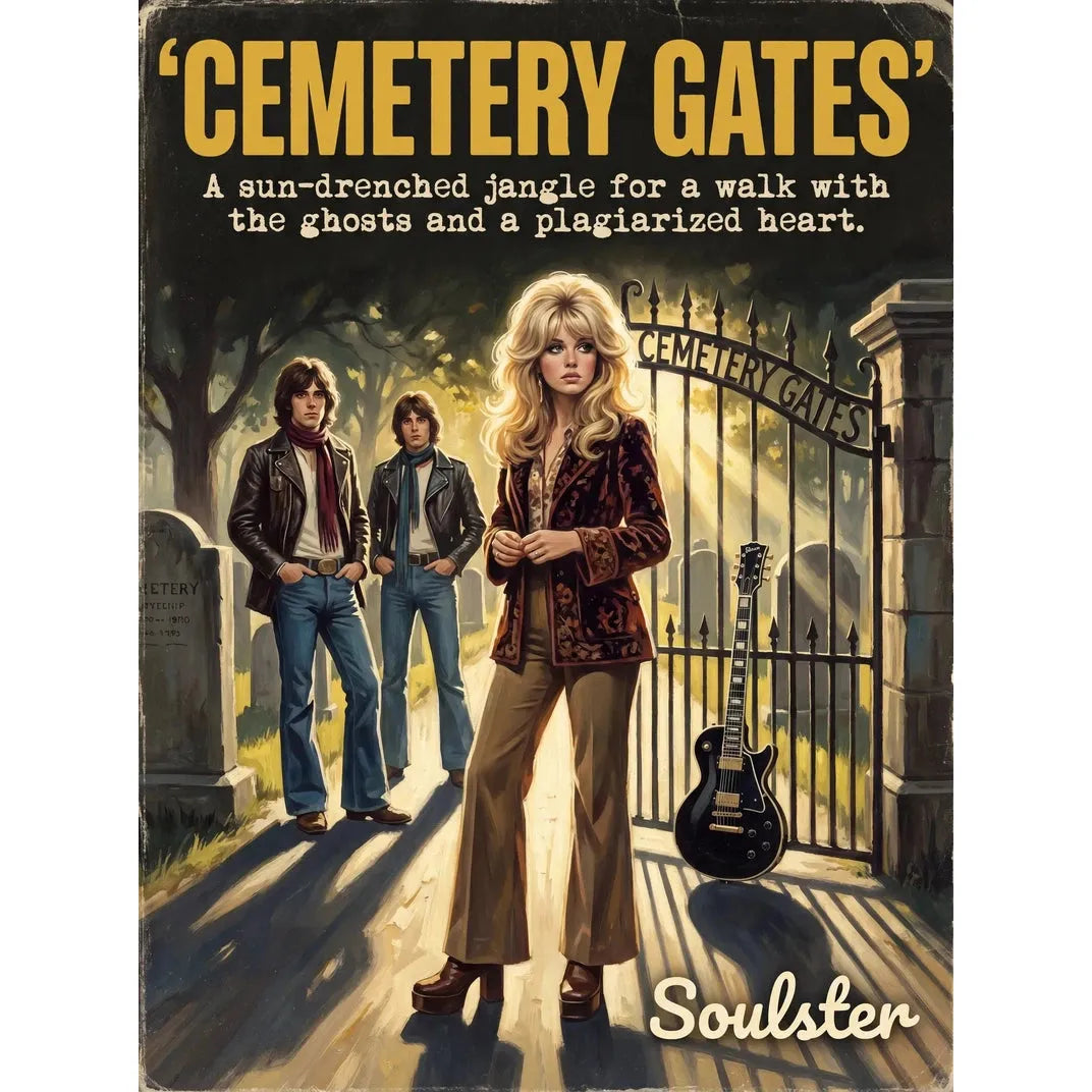 Soulster cinematic vintage pulp book cover art print illustration styled in a classic 1970s design layout inspired by Cemetery Gates.