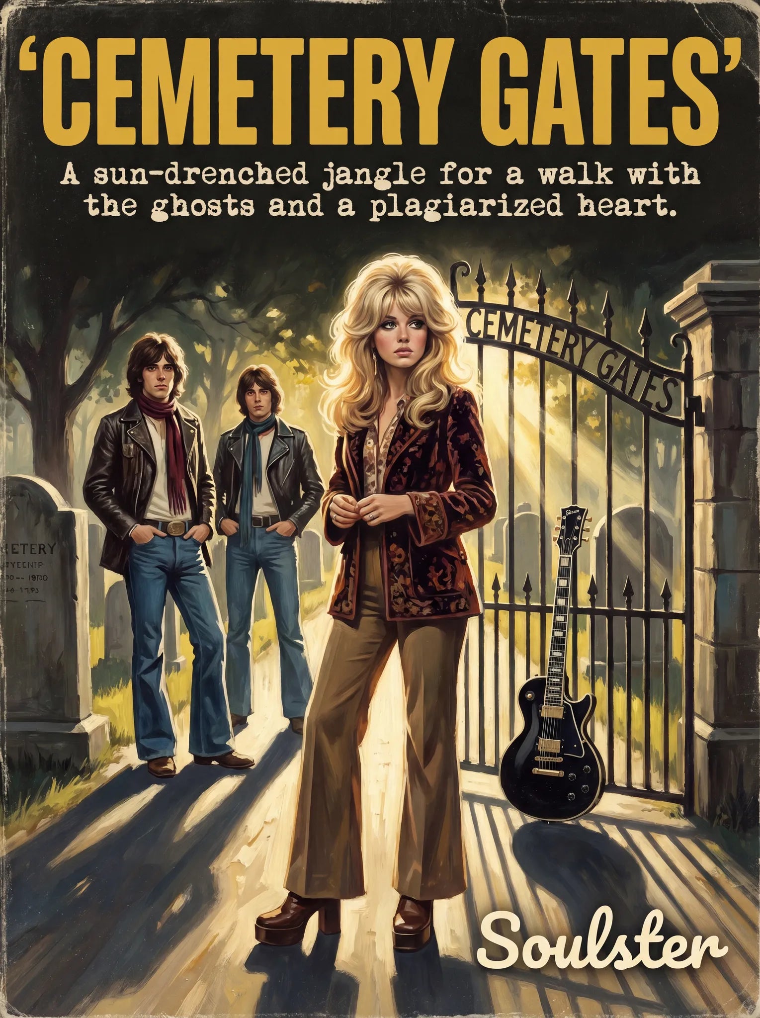 Soulster cinematic vintage pulp book cover art print illustration styled in a classic 1970s design layout inspired by Cemetery Gates.