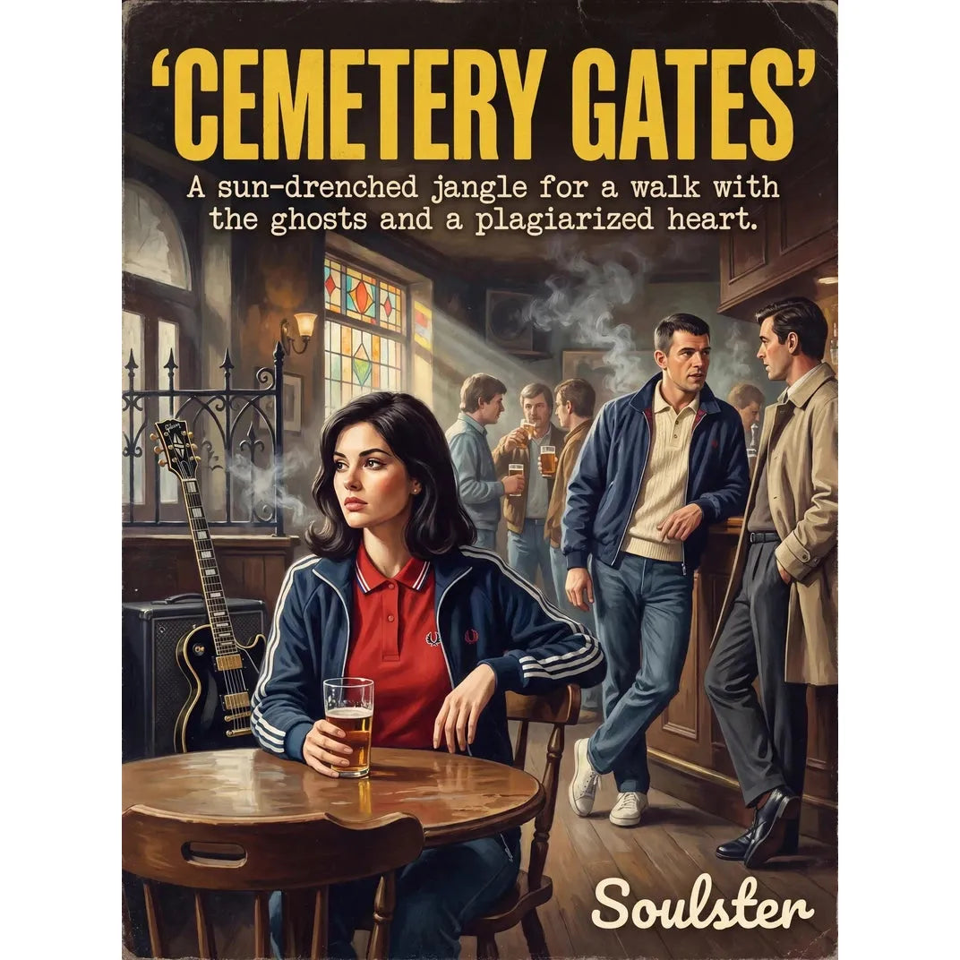 Soulster retro pulp thriller book cover style art print illustration inspired by The Smiths - Cemetery Gates.