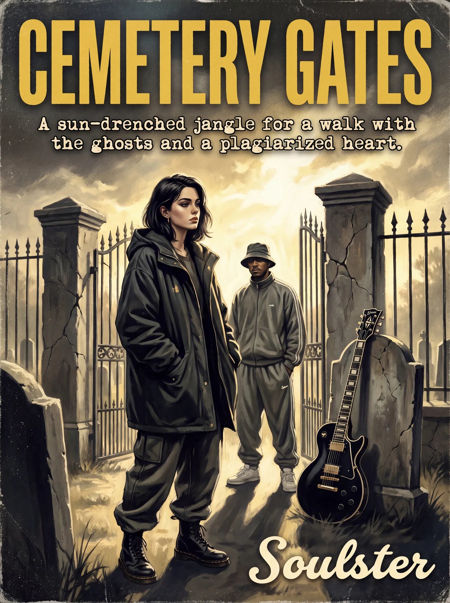 Soulster cinematic vintage pulp book cover art print illustration styled in a classic 1990s design layout inspired by Cemetery Gates.
