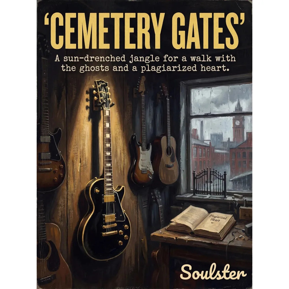 Soulster Manchester Edition wall art print showing a cinematic pulp style design of a Gibson Les Paul Custom inspired by Cemetery Gates.