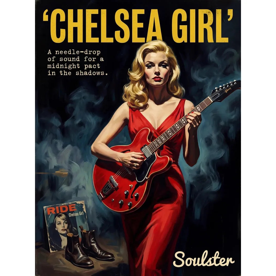 Soulster cinematic vintage pulp book cover art print illustration styled in a classic 1950s design layout inspired by Chelsea Girl.