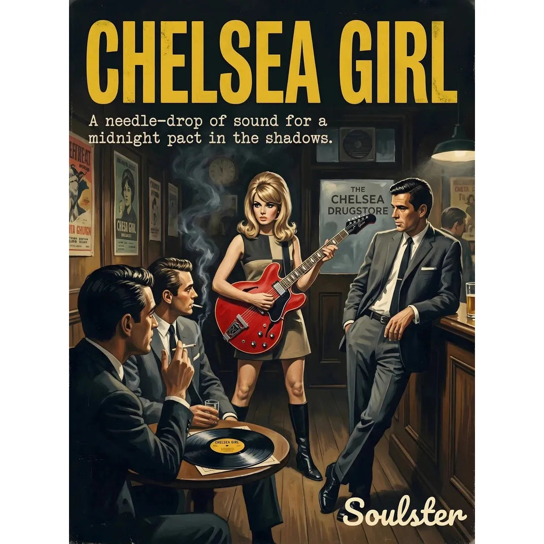 Soulster cinematic vintage pulp book cover art print illustration styled in a classic 1960s design layout inspired by Chelsea Girl.