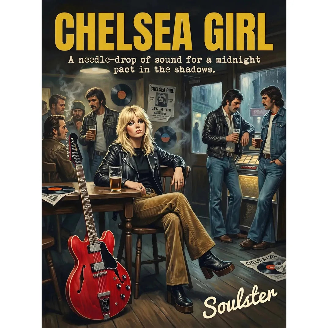 Soulster cinematic vintage pulp book cover art print illustration styled in a classic 1970s design layout inspired by Chelsea Girl.