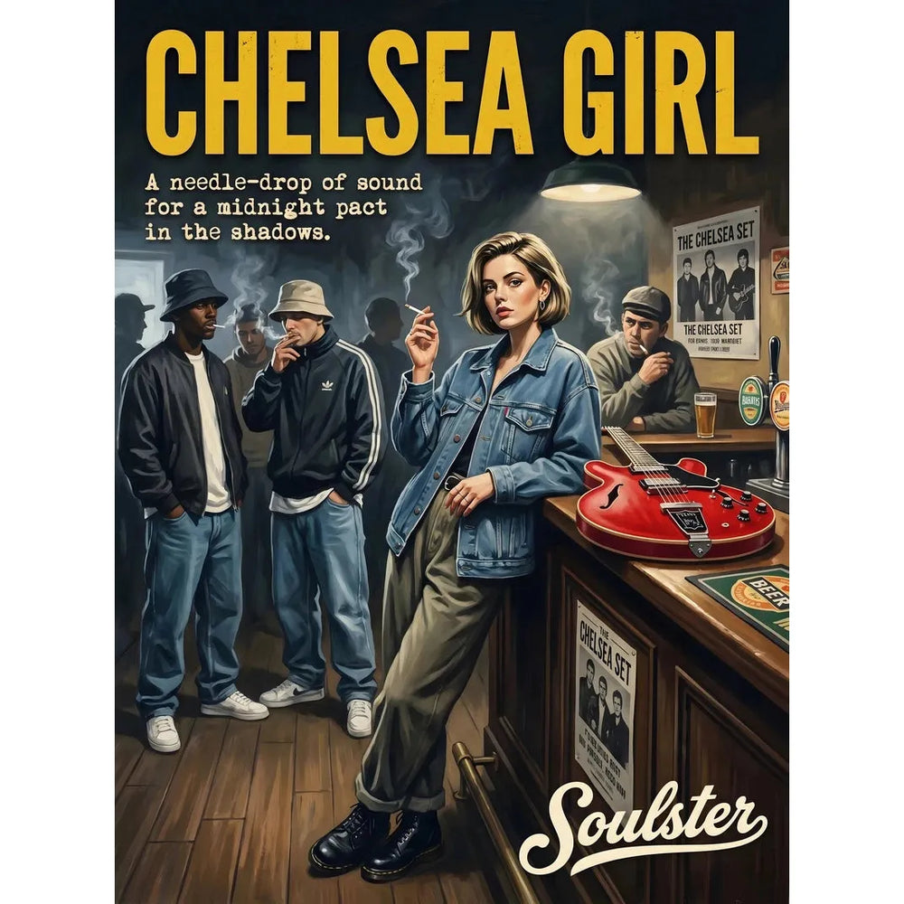 Soulster cinematic vintage pulp book cover art print illustration styled in a classic 1990s design layout inspired by Chelsea Girl.