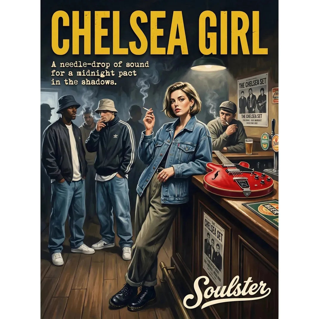 Soulster cinematic vintage pulp book cover art print illustration styled in a classic 1990s design layout inspired by Chelsea Girl.