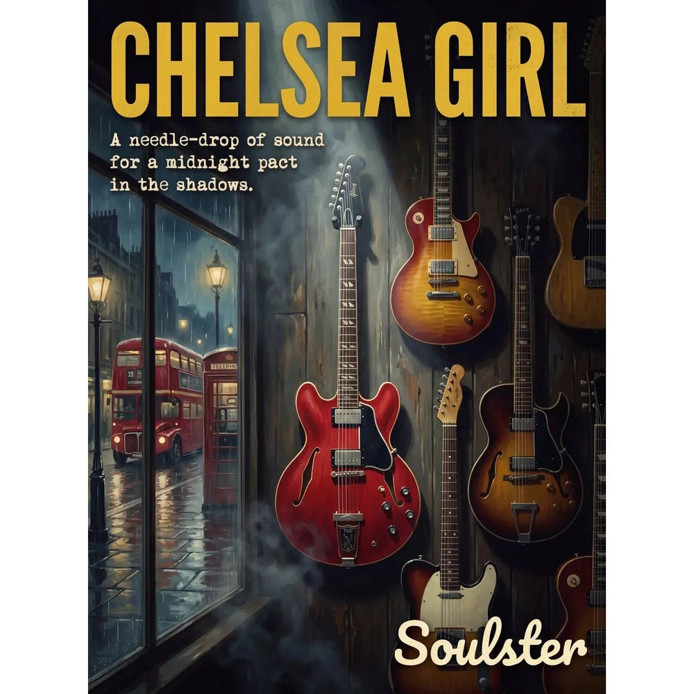 Soulster Manchester Edition wall art print showing a cinematic pulp style design of a Vintage Guitar inspired by Chelsea Girl - London.