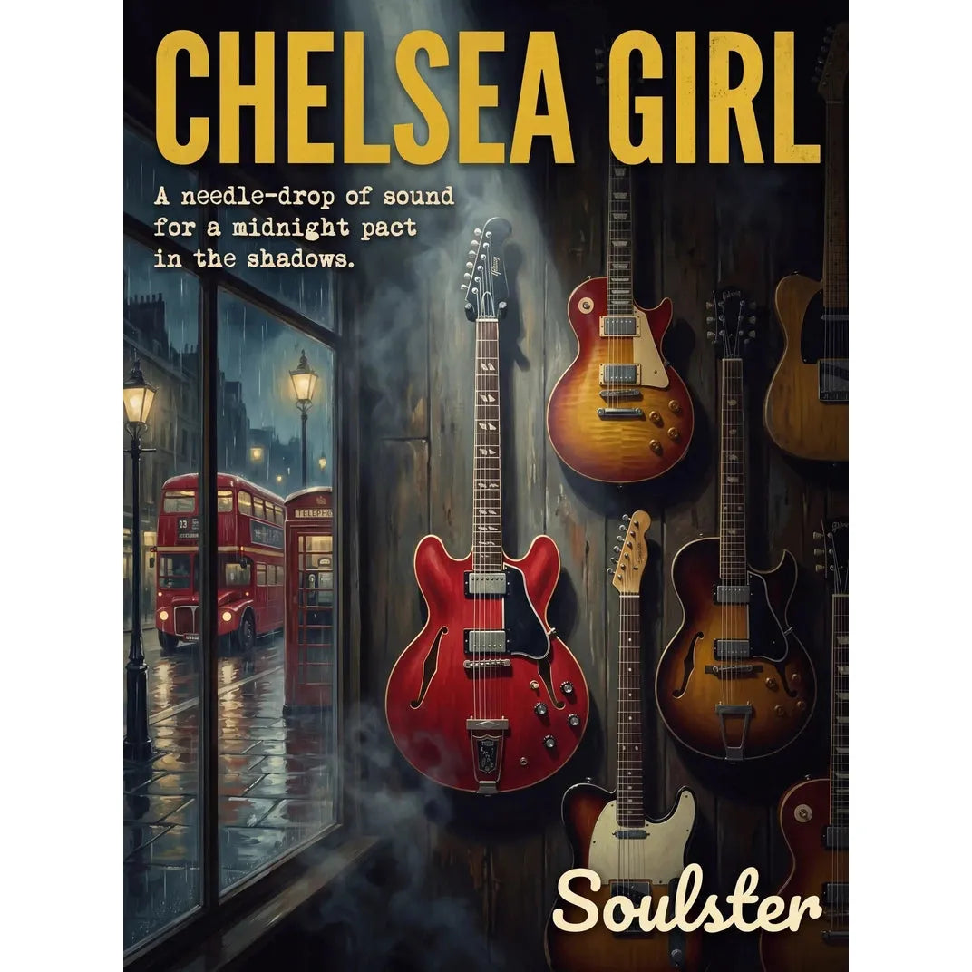 Soulster Manchester Edition wall art print showing a cinematic pulp style design of a Vintage Guitar inspired by Chelsea Girl - London.