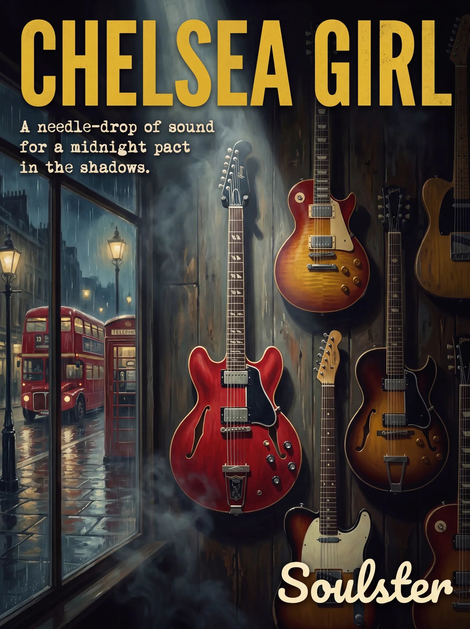 Soulster Manchester Edition wall art print showing a cinematic pulp style design of a Vintage Guitar inspired by Chelsea Girl - London.