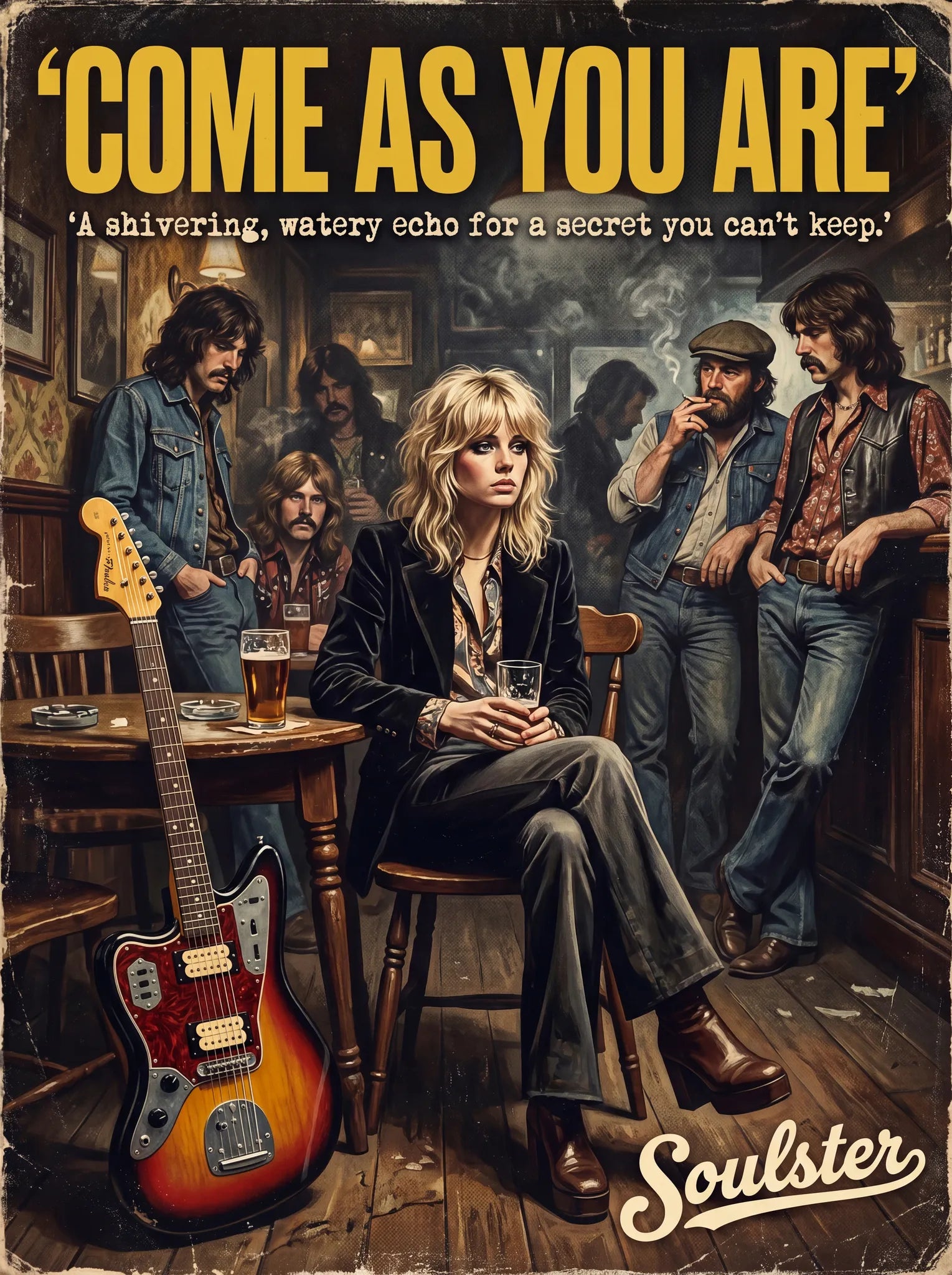 Soulster cinematic vintage pulp book cover art print illustration styled in a classic 1970s design layout inspired by Come As You Are.
