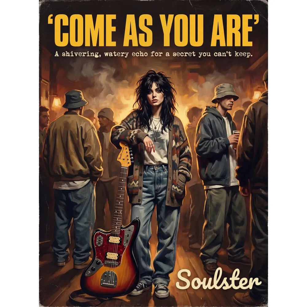 Soulster cinematic vintage pulp book cover art print illustration styled in a classic 1990s design layout inspired by Come As You Are.