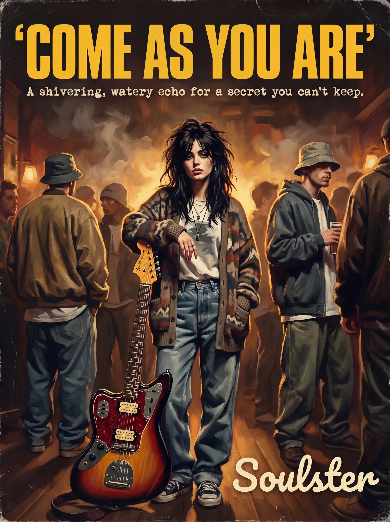 Soulster cinematic vintage pulp book cover art print illustration styled in a classic 1990s design layout inspired by Come As You Are.