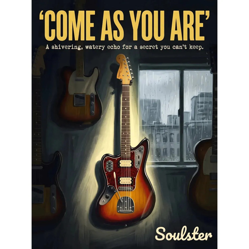 Soulster Manchester Edition wall art print showing a cinematic pulp style design of a Vintage Guitar inspired by Come As You Are - Seattle.