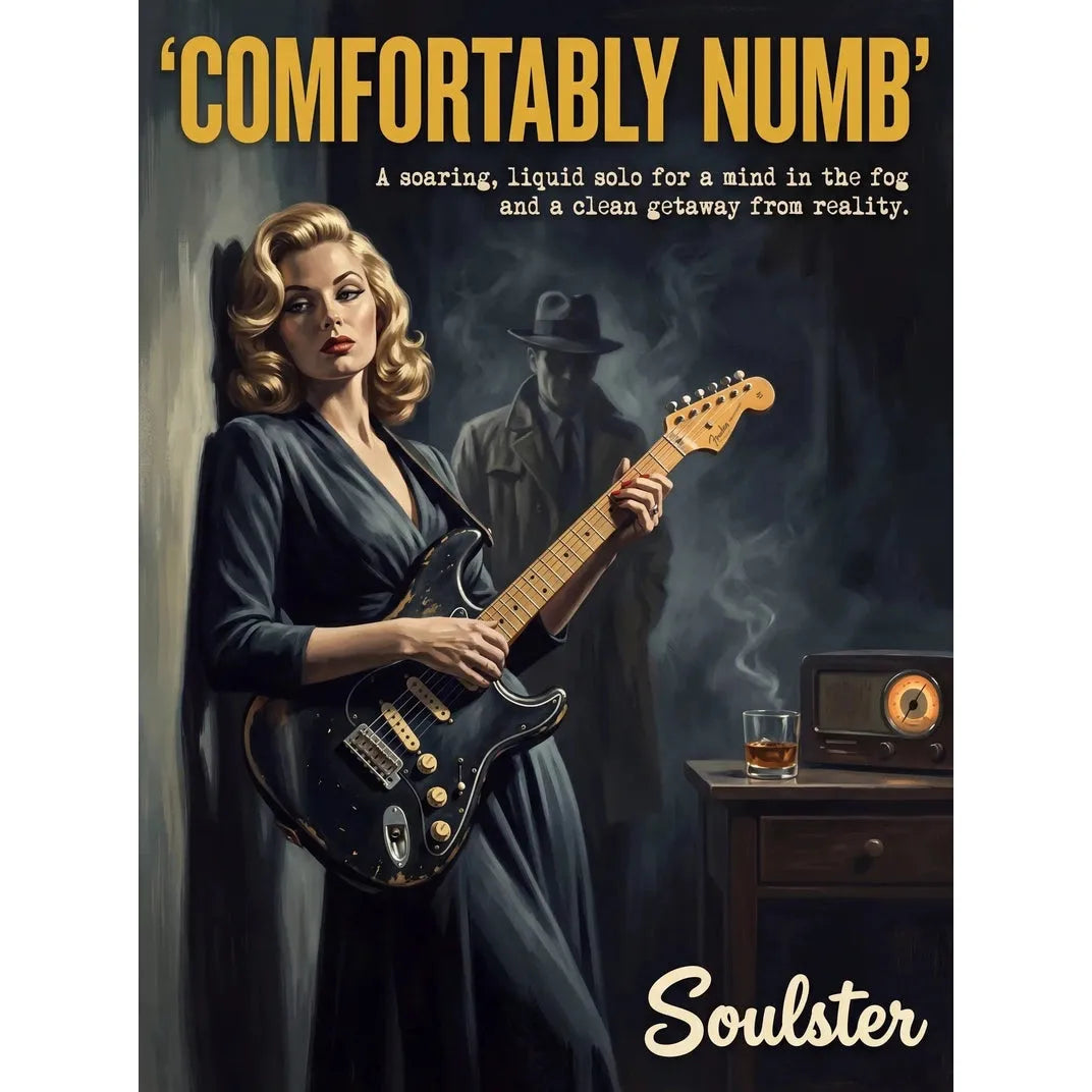 Soulster cinematic vintage pulp book cover art print illustration styled in a classic 1950s design layout inspired by Comfortably Numb.