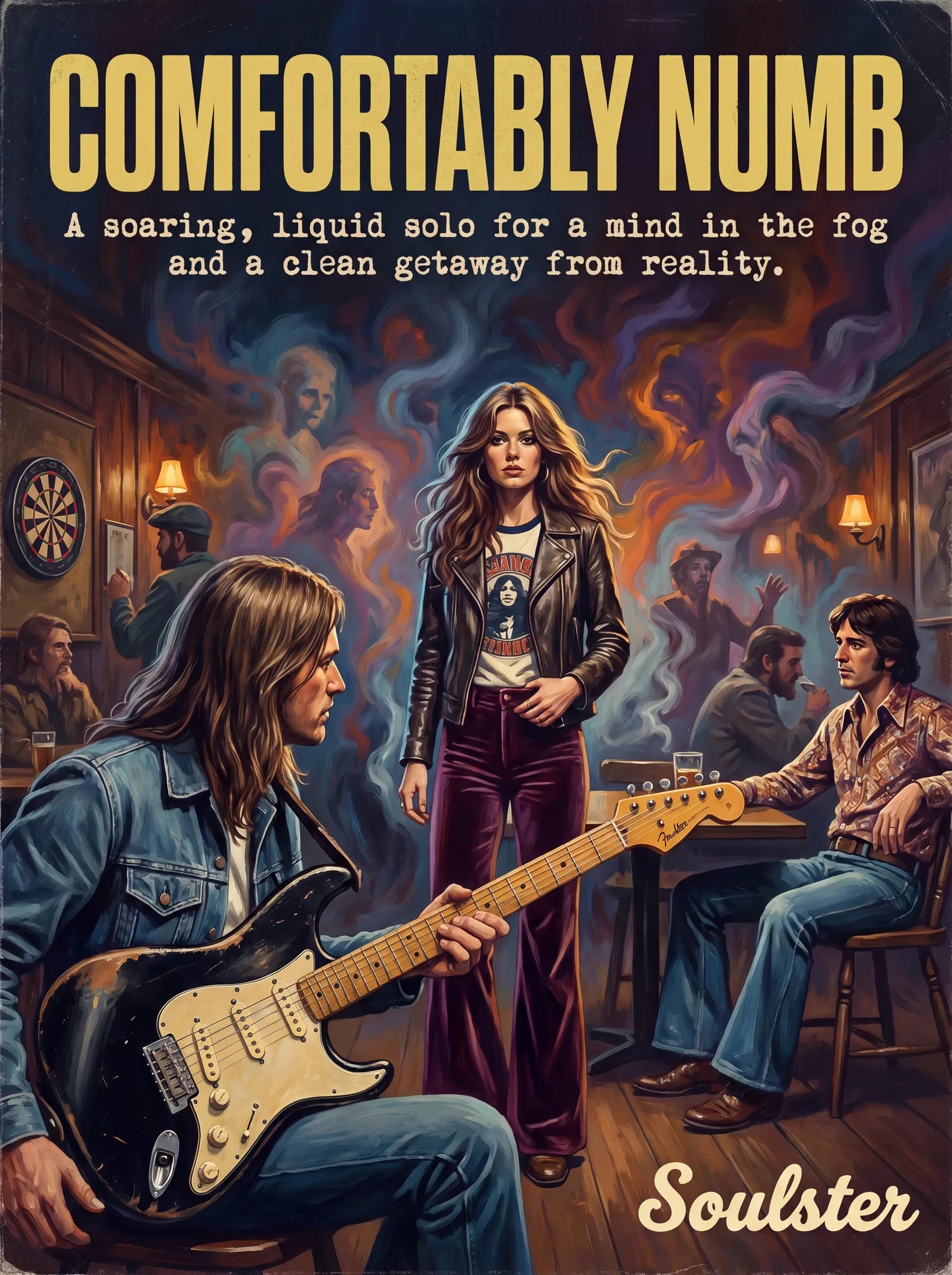 Soulster cinematic vintage pulp book cover art print illustration styled in a classic 1970s design layout inspired by Comfortably Numb.