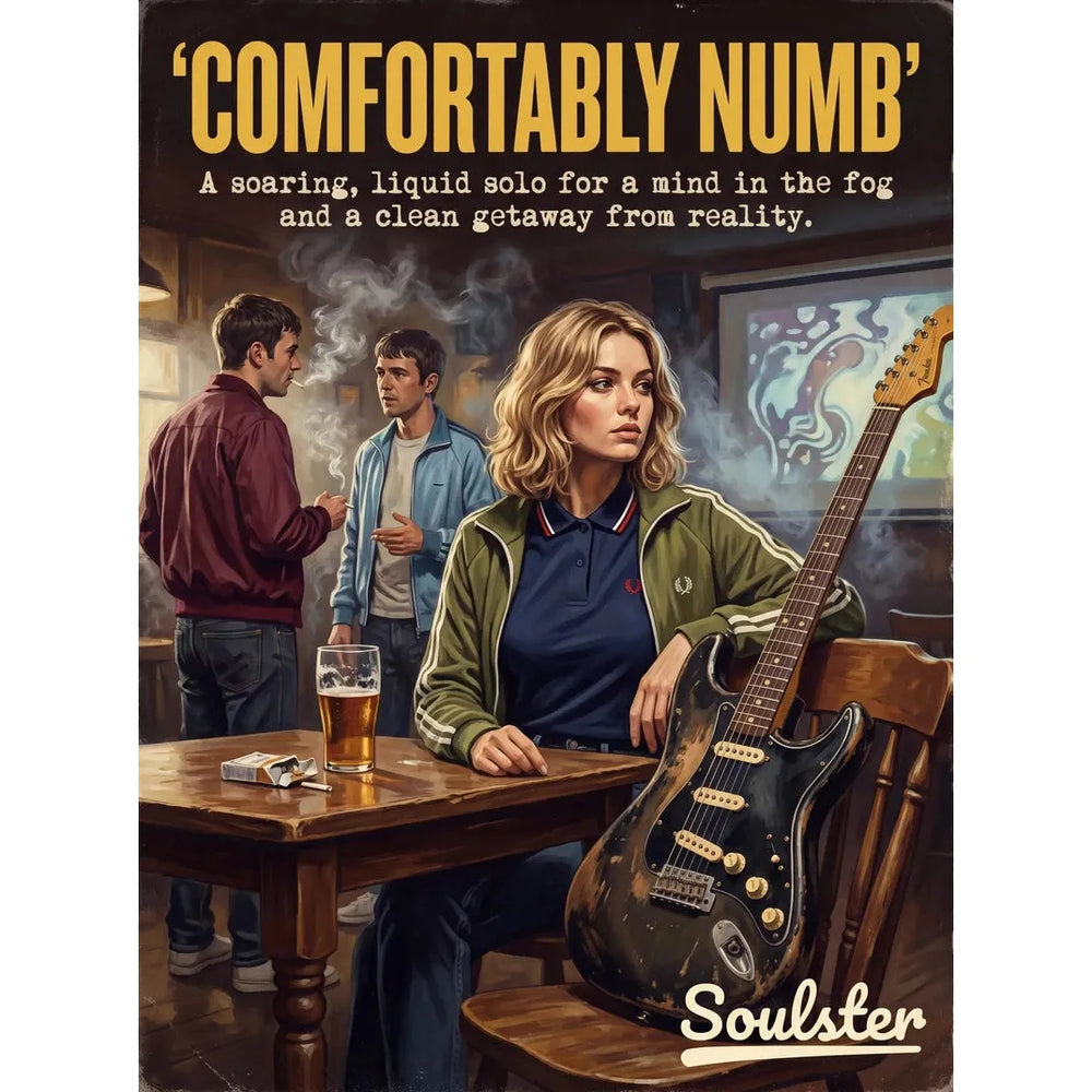 Soulster retro pulp thriller book cover style art print illustration inspired by Pink Floyd - Comfortably Numb.