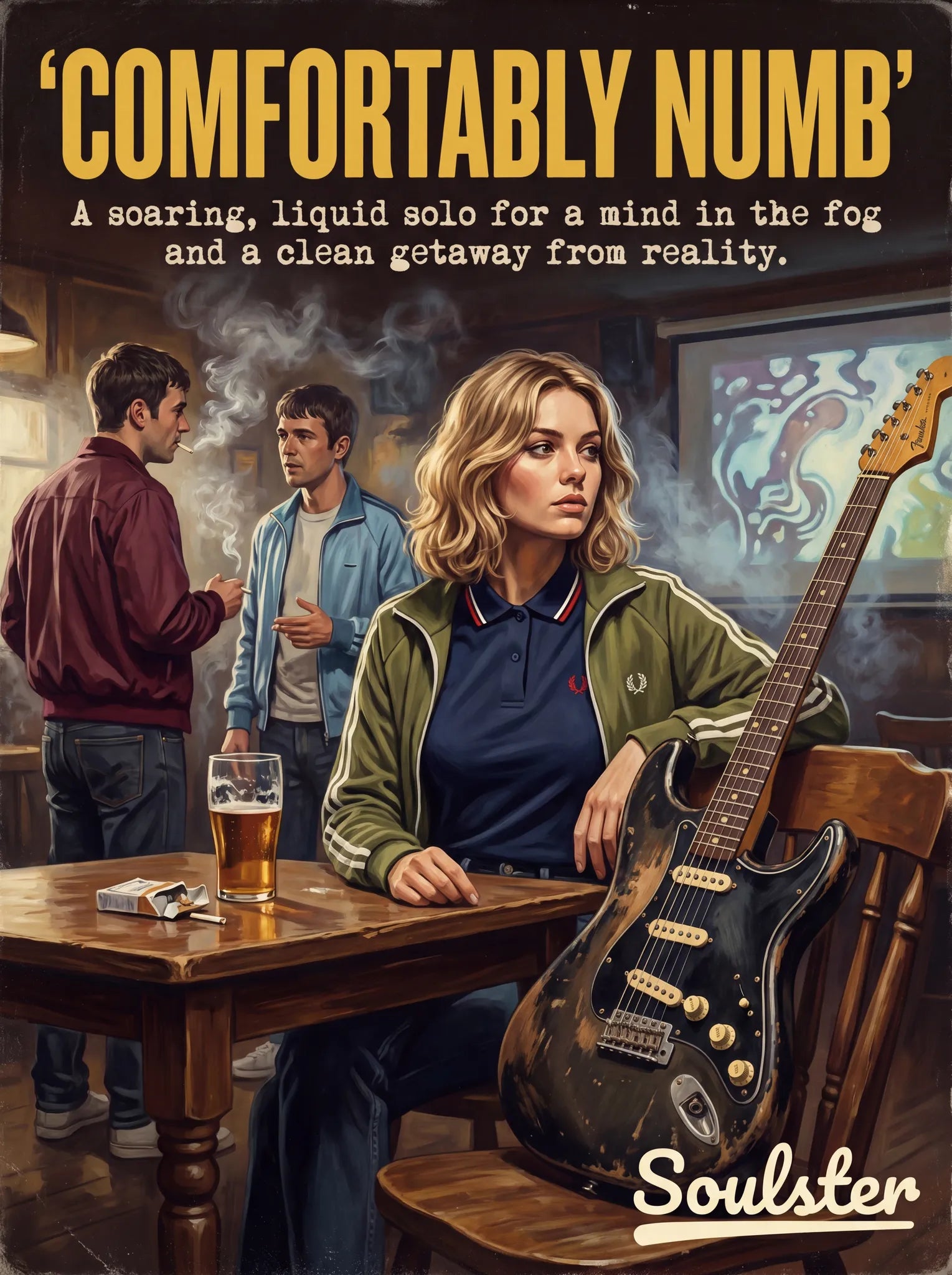 Soulster retro pulp thriller book cover style art print illustration inspired by Pink Floyd - Comfortably Numb.