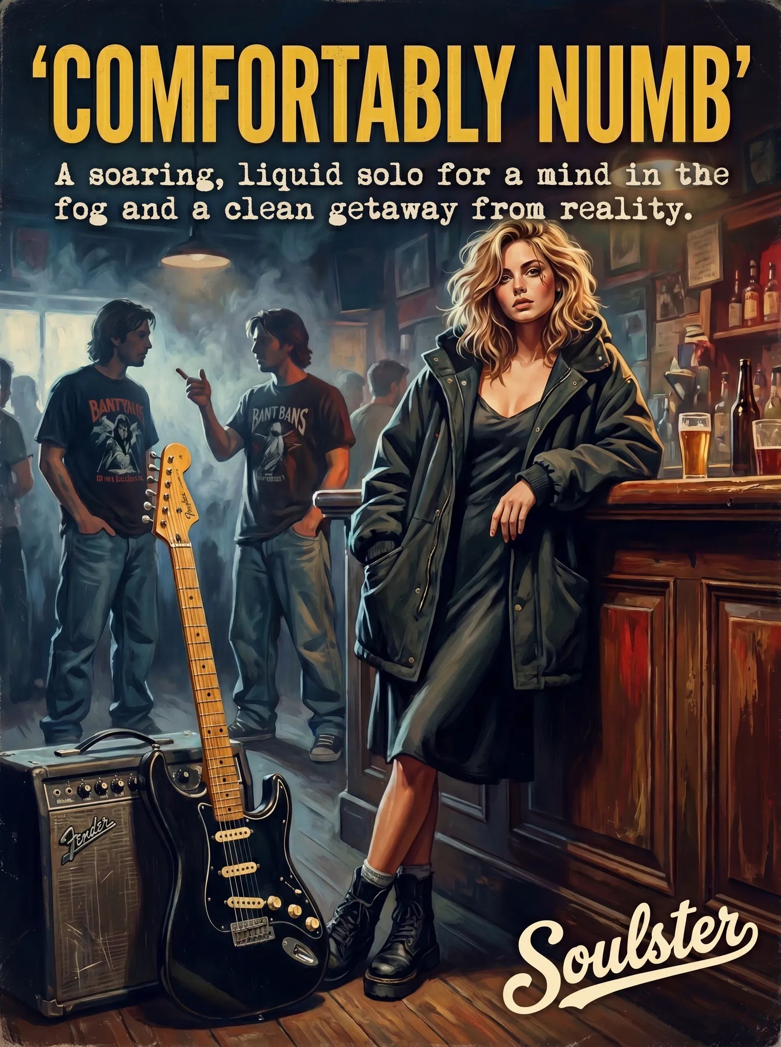 Soulster cinematic vintage pulp book cover art print illustration styled in a classic 1990s design layout inspired by Comfortably Numb.